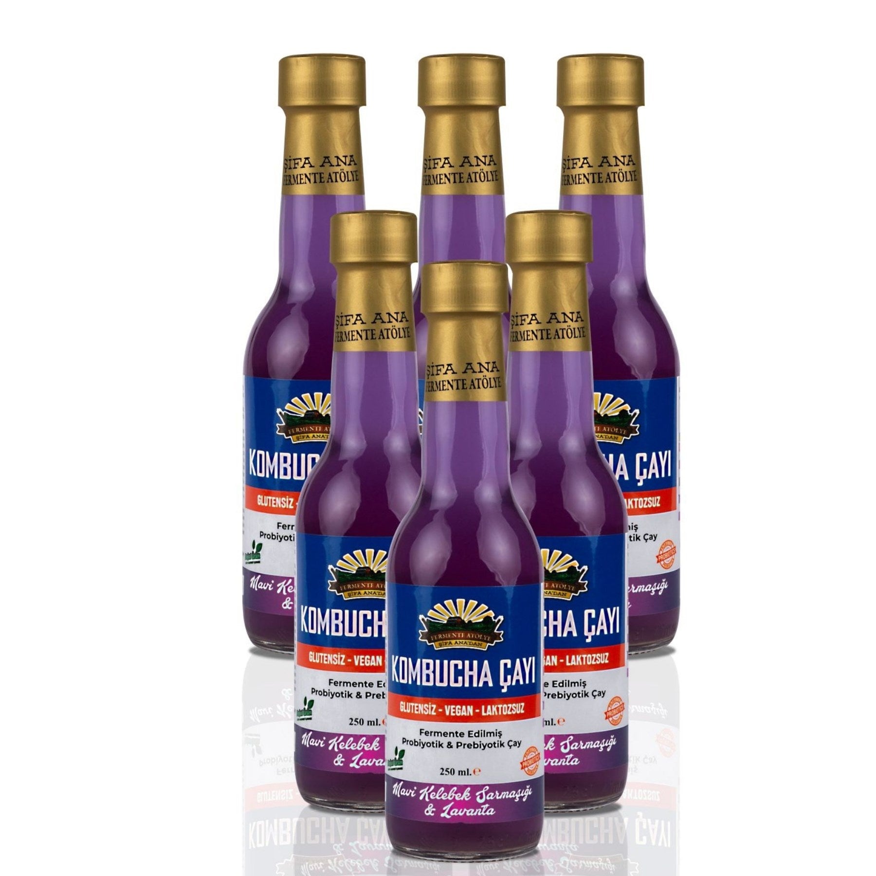 6 Adet Mavi Kelebek & Lavanta Kombucha (250ml.) Cam Şişede