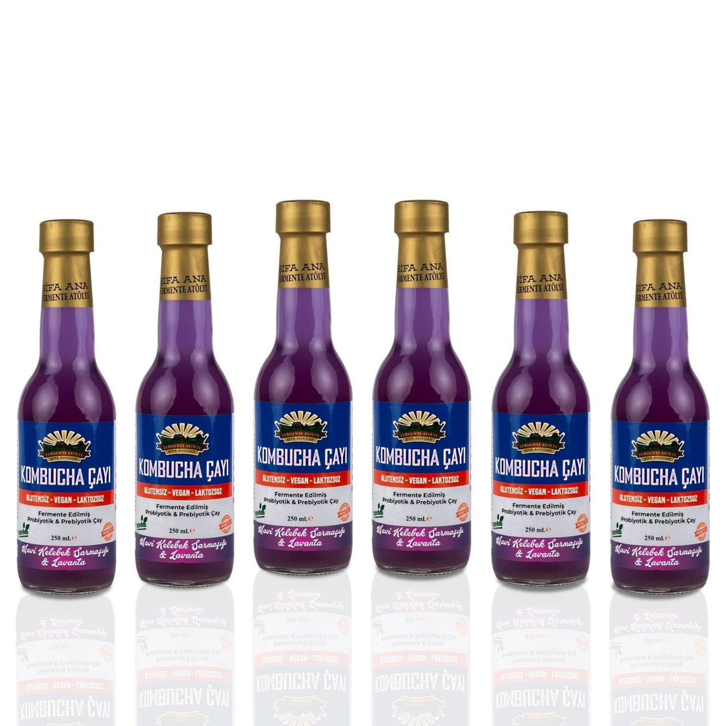6 Adet Mavi Kelebek & Lavanta Kombucha (250ml.) Cam Şişede
