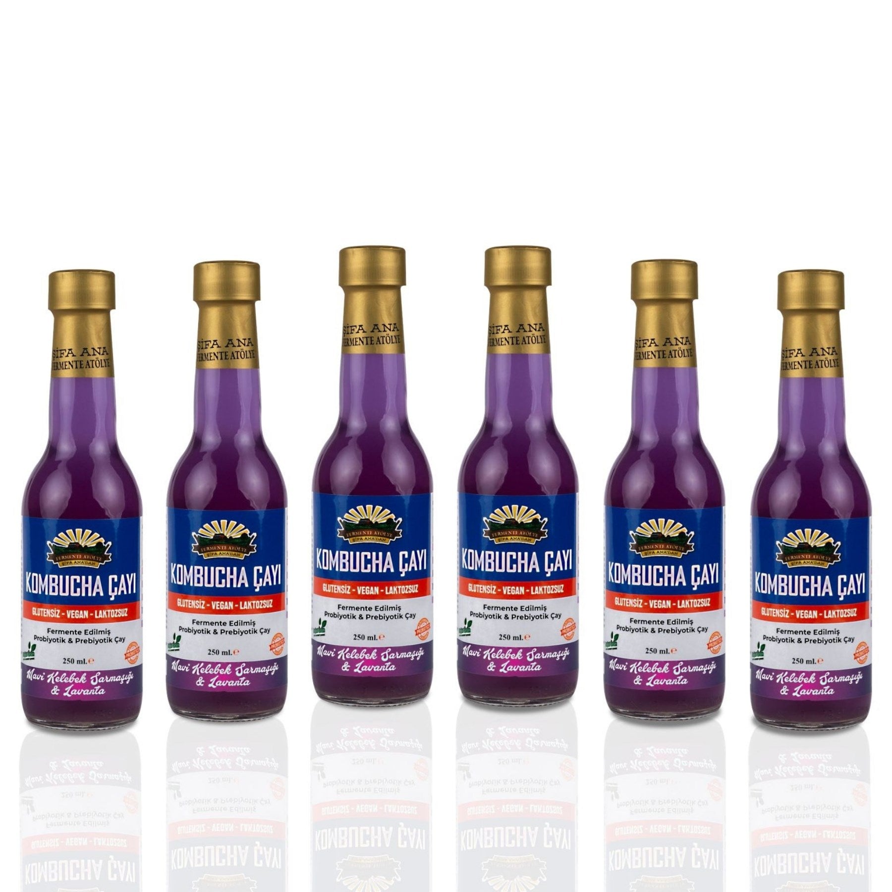 6 Adet Mavi Kelebek & Lavanta Kombucha (250ml.) Cam Şişede