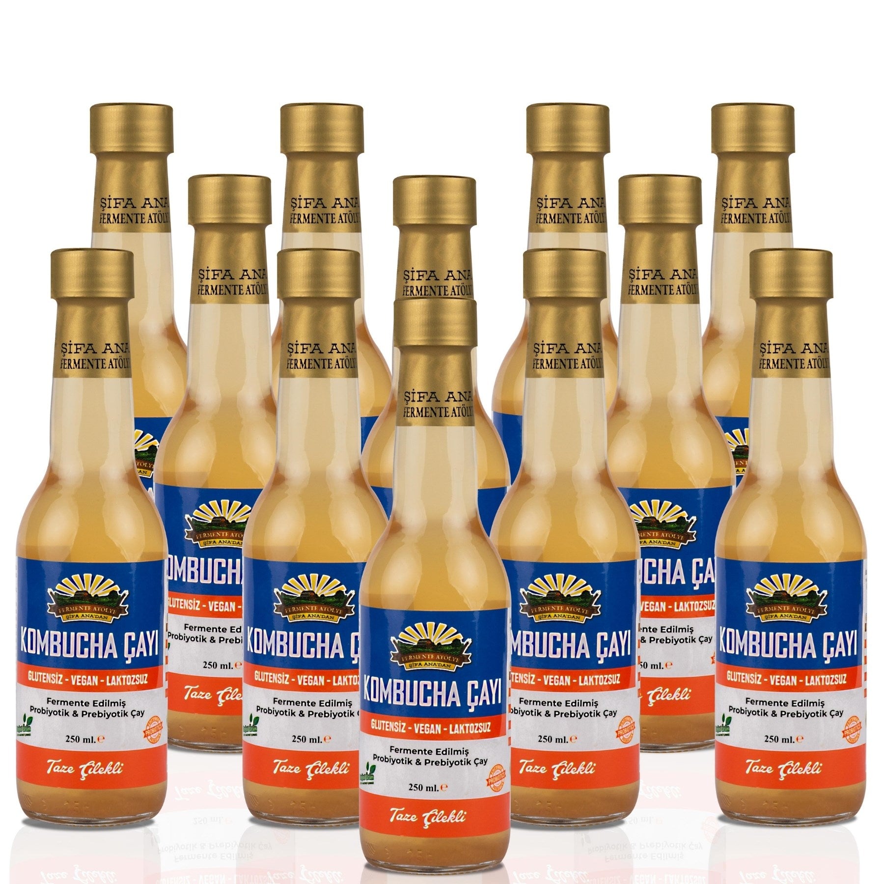 12 Adet Taze Çilekli Kombucha (250ml.) Cam Şişede