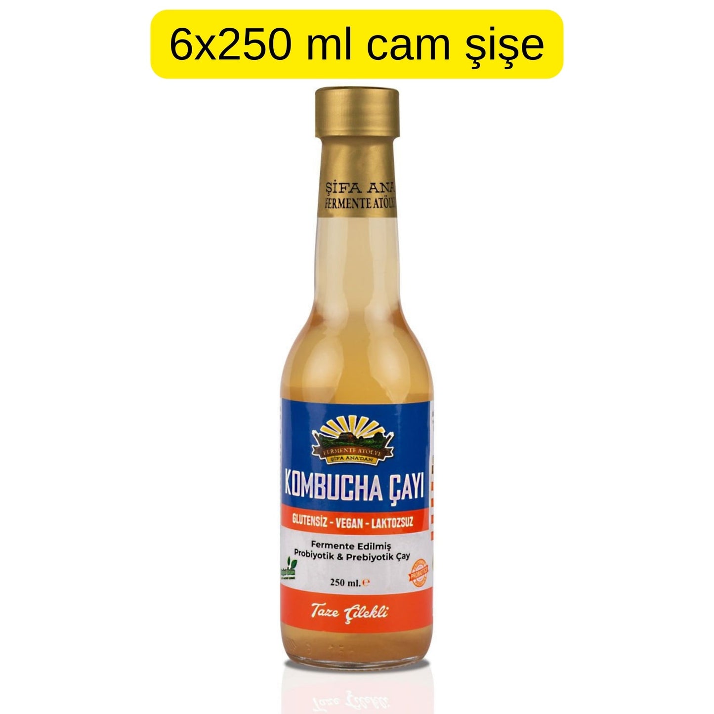 6 Adet Taze Çilekli Kombucha (250ml.) Cam Şişede