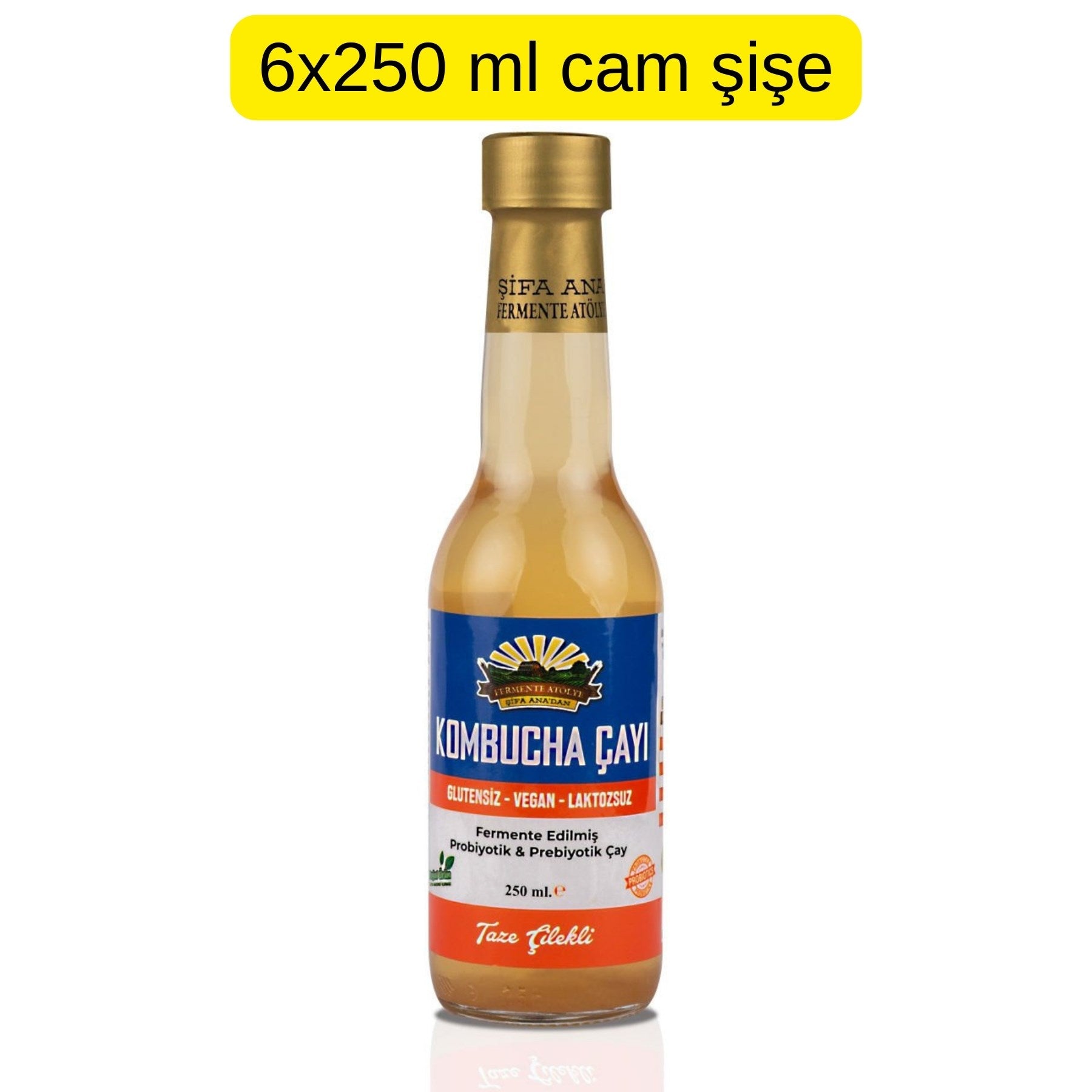 6 Adet Taze Çilekli Kombucha (250ml.) Cam Şişede