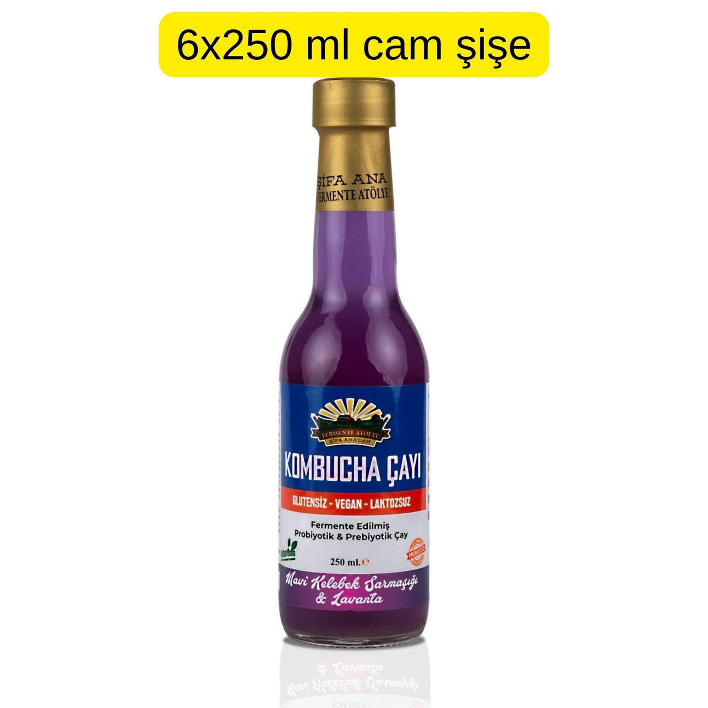 6 Adet Mavi Kelebek & Lavanta Kombucha (250ml.) Cam Şişede