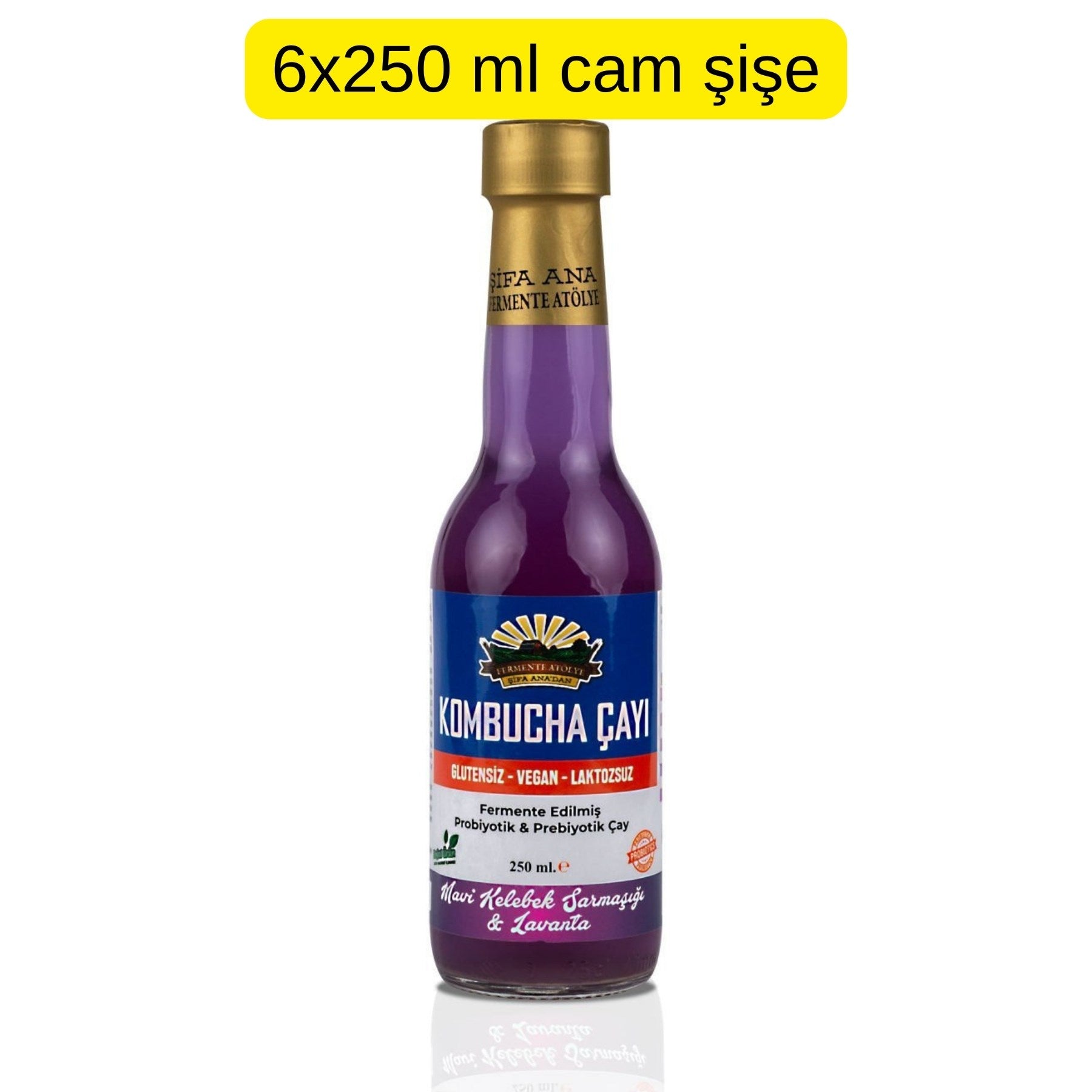 6 Adet Mavi Kelebek & Lavanta Kombucha (250ml.) Cam Şişede
